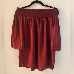 Theory - Red Off-Shoulder Silk Blouse